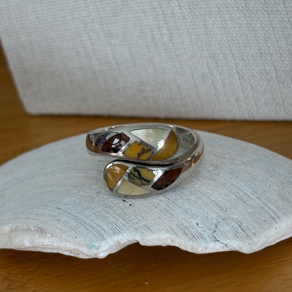 Whitney Kelly Sterling Silver Mother of PearlJasper Inlay Bypass Ring Size 10